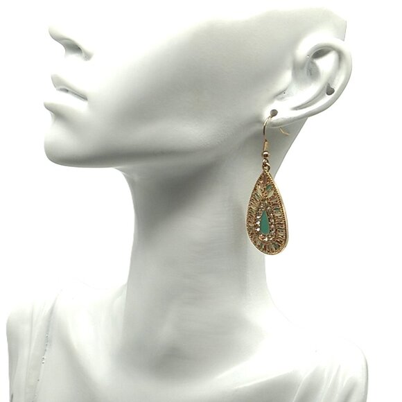 Teardrop Dangle Earrings Mint Green Enamel Rhinestones Small Pastel Beads - Picture 7 of 14